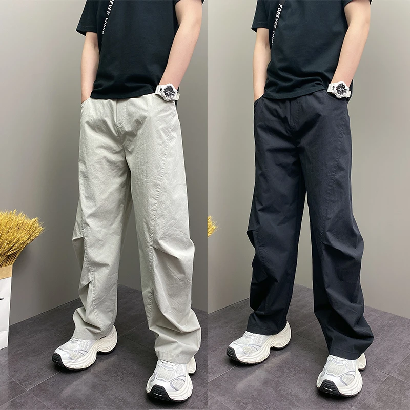 夏季薄款宽松哈伦直筒阔腿裤青年男士休闲痞帅高街美式纯色长裤子