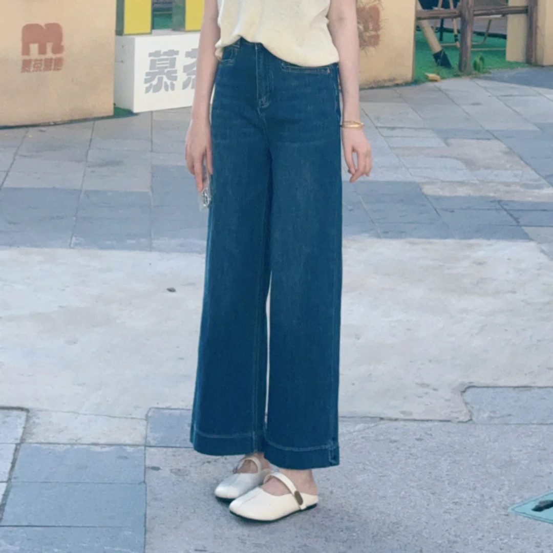 秋季小个子高腰显瘦复古水洗宽松阔腿牛仔裤女款百搭