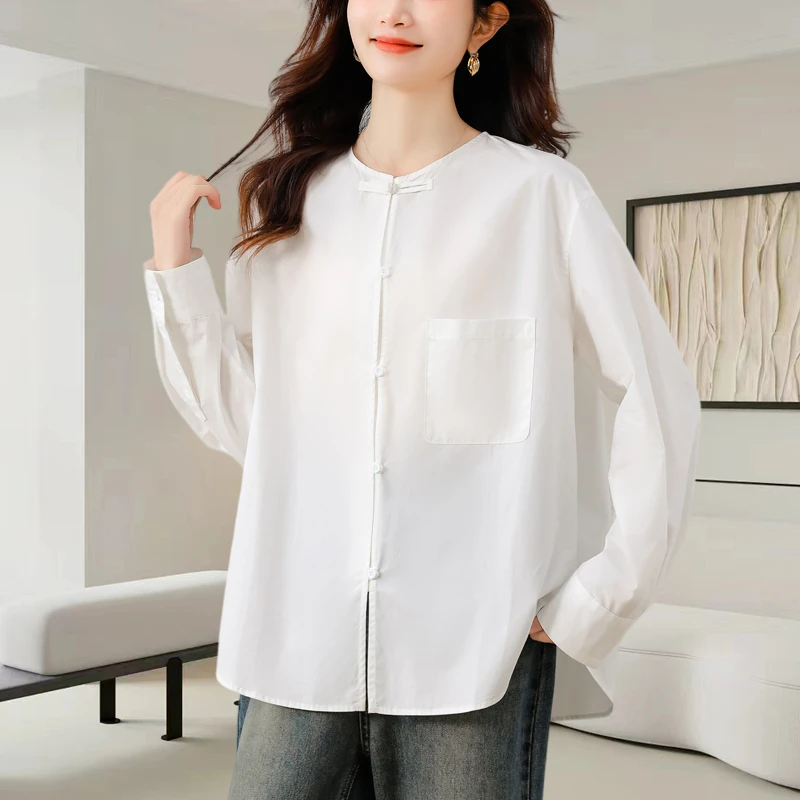 新中式白色衬衫女2025秋季新款时尚减龄国风盘扣衬衣宽松休闲上衣