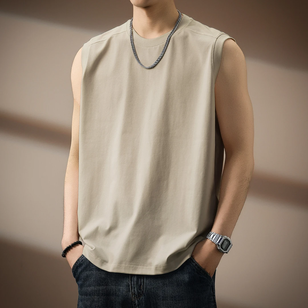 高端260g重磅纯色防晒透气无袖背心男夏季新款潮流宽松圆领T恤衫