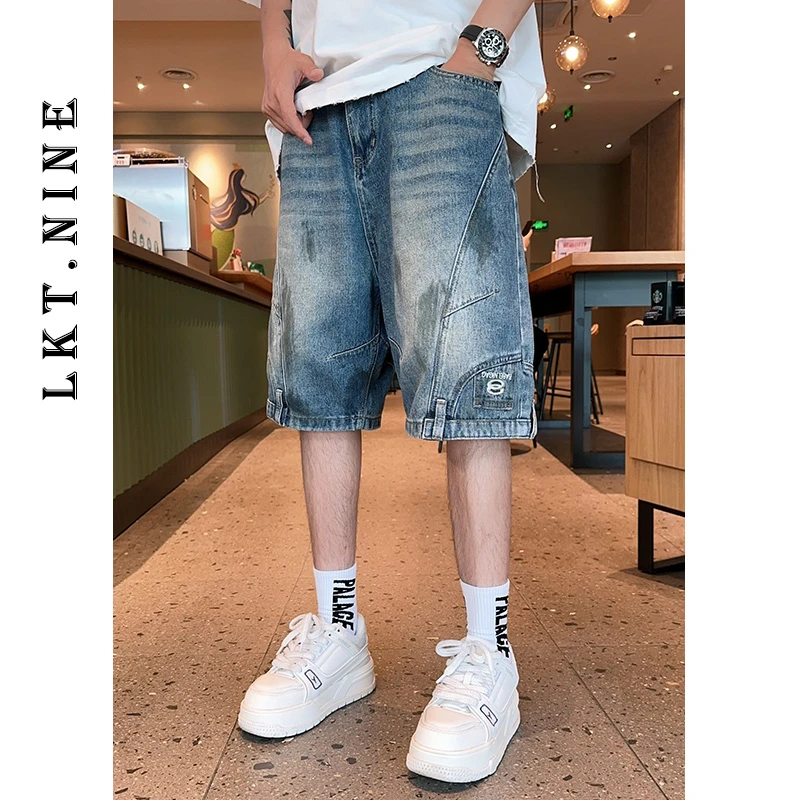 LKT.NINE夏季潮牌复古牛仔短裤男女同款宽松做旧直筒五分裤潮3512