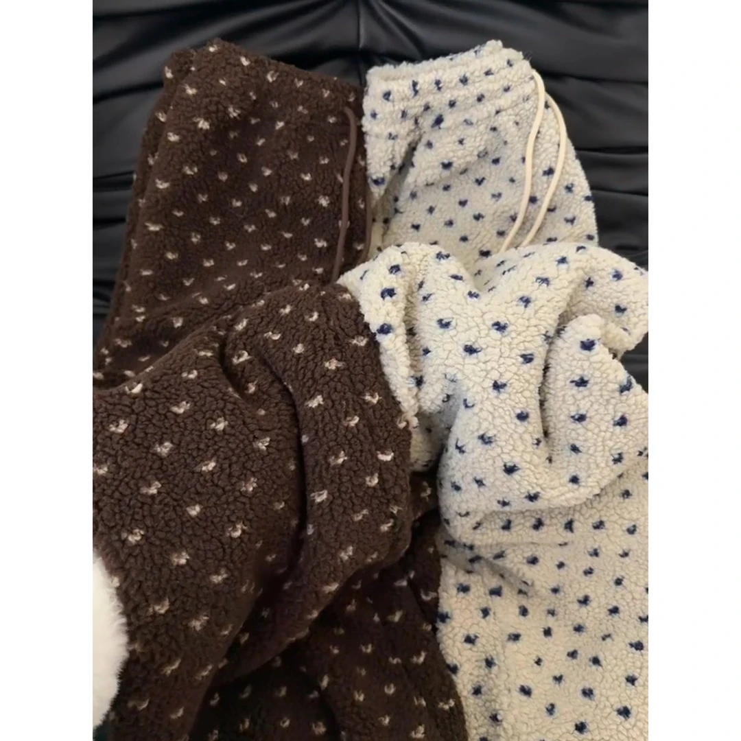 韩版毛茸茸波点珊瑚绒睡裤女冬季新款加厚高腰长裤直筒显瘦家居裤