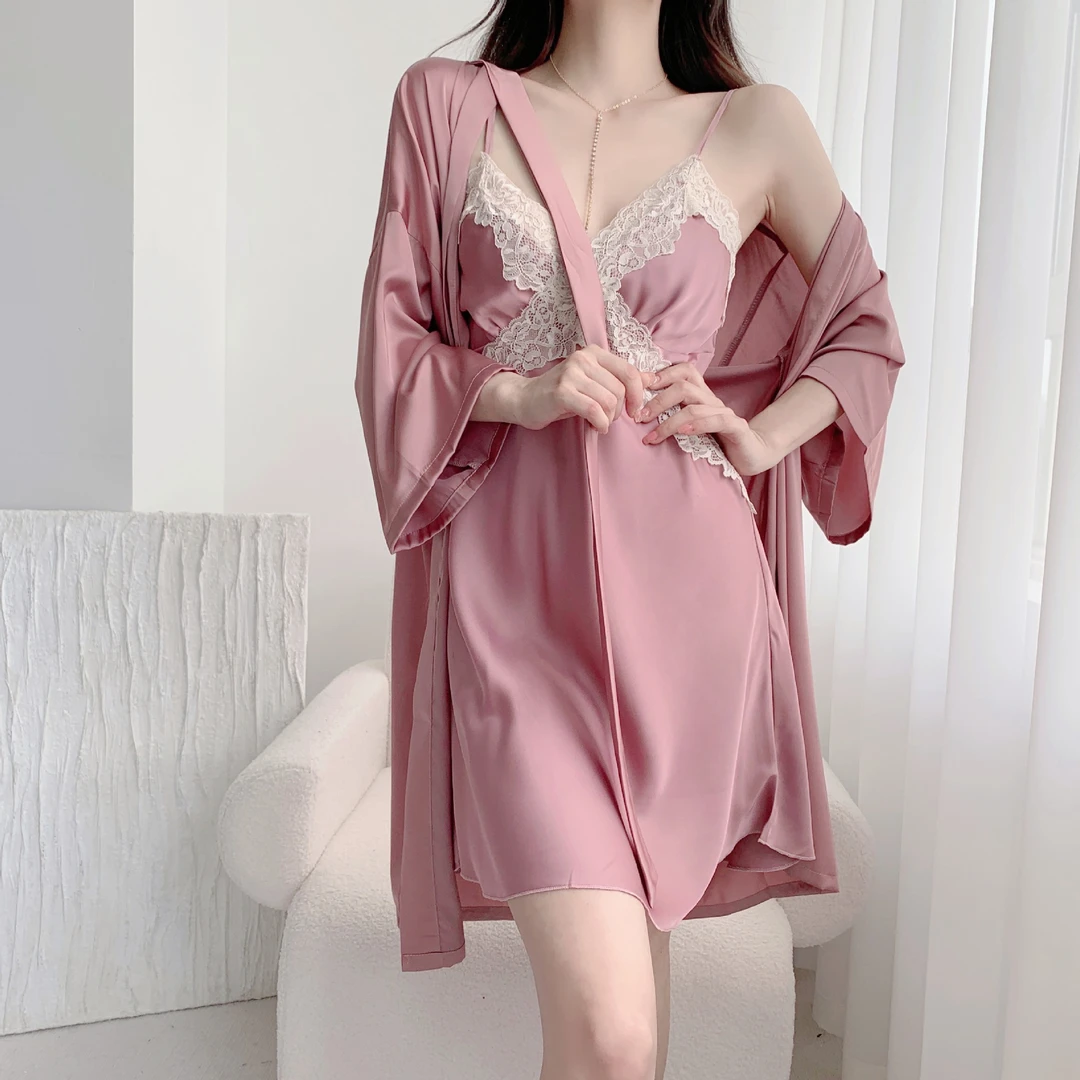无袖吊带睡裙两套装家居服性感薄款睡袍女士春夏纯欲胸垫舒适蕾丝