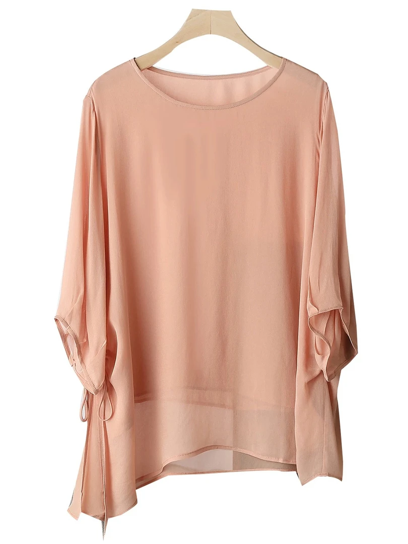 夏季新款侧边抽绳宽松不规则薄款真丝七分袖时尚气质上衣小衫休闲