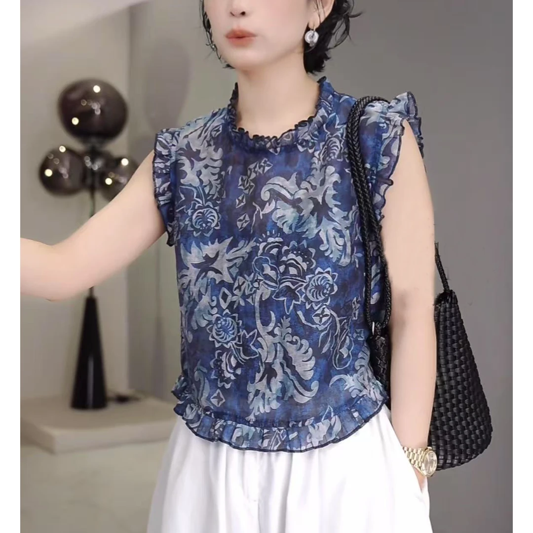 夏季休闲风透气无袖印花衬衫中式花纹木耳时尚显瘦