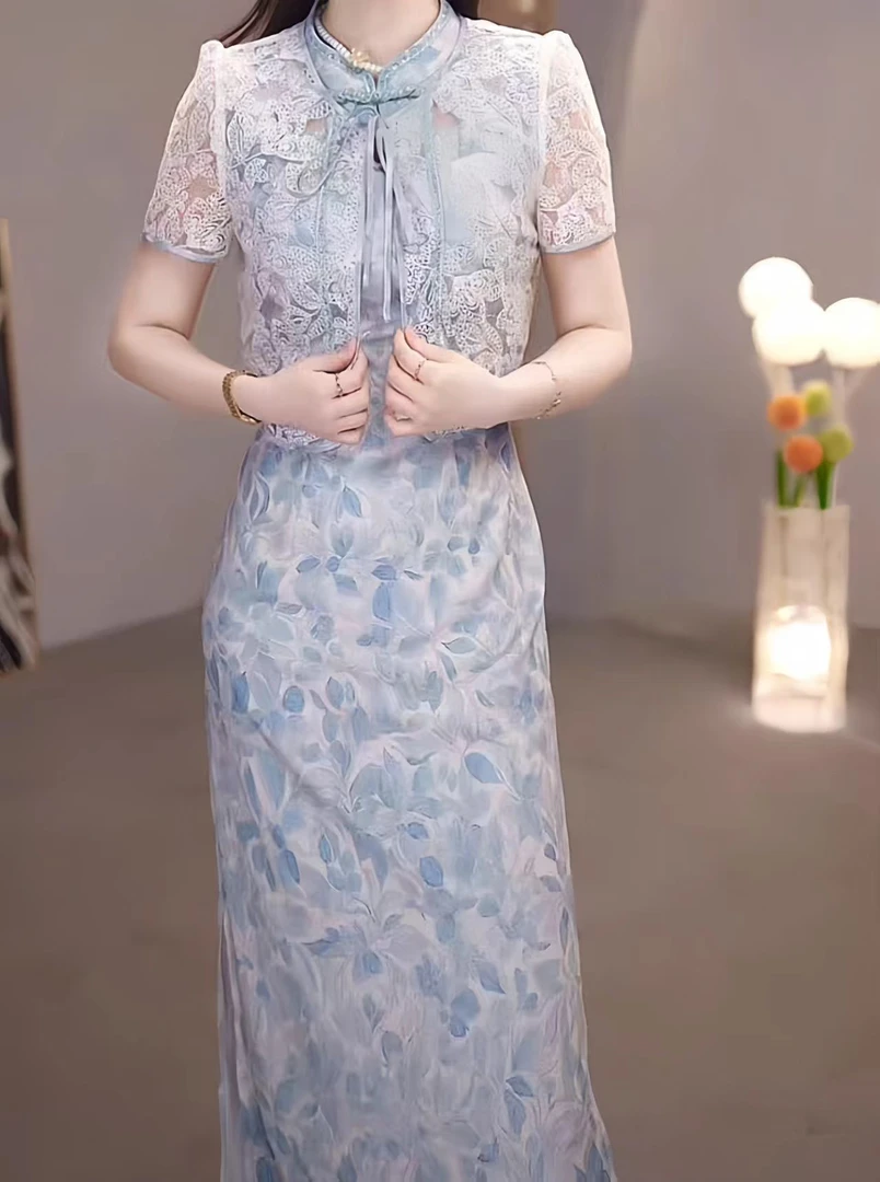 【F3777】高级感优雅复古时尚印花套装2025夏季新款端庄裙两件套