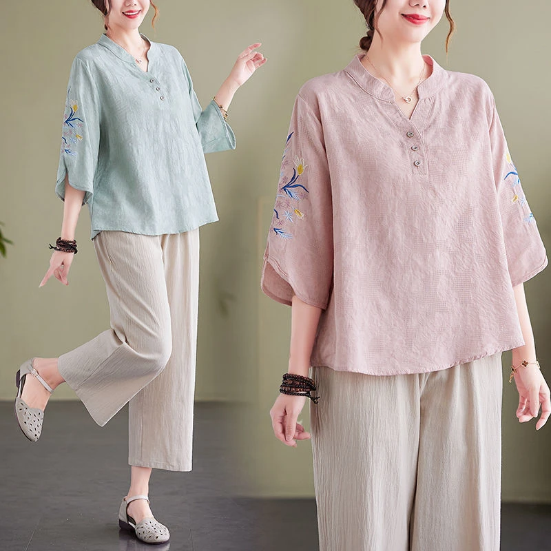 棉麻套装女妈妈夏装时尚洋气夏季新款大码薄款亚麻短袖两套