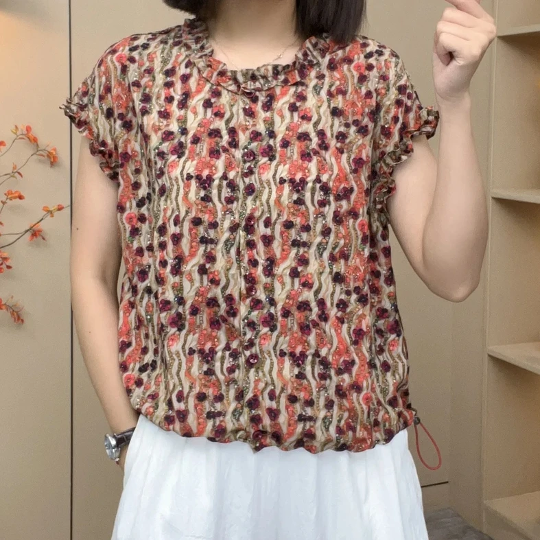 时尚洋气新款减龄夏季碎花衬衫高级感透气短袖T恤女士印花夏装