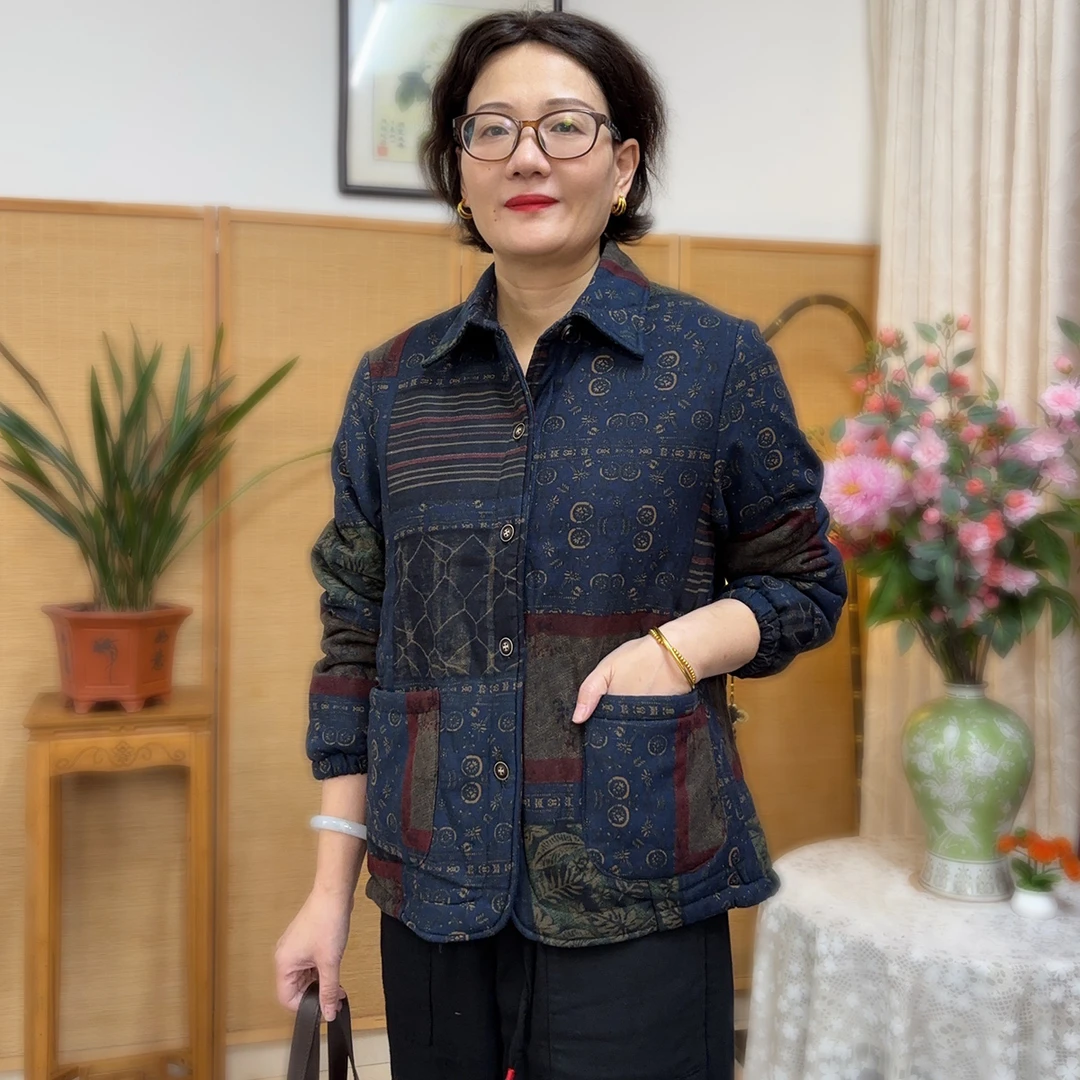 冬季加绒加厚方领棉麻外套小个子防风保暖单排扣休闲显瘦棉衣Q68