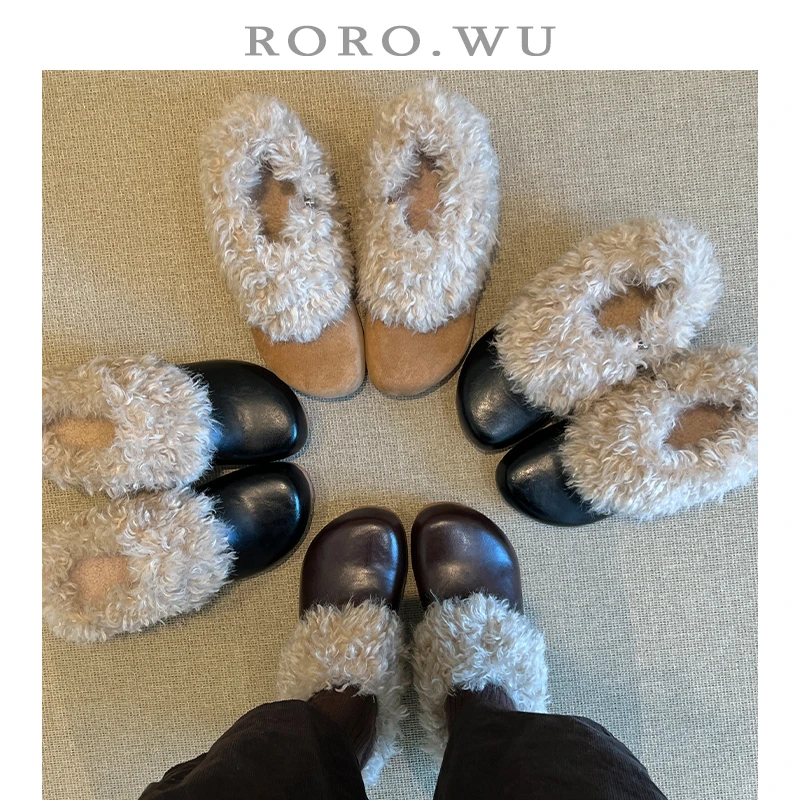 娆娆吴·牛皮复古简约百搭加绒保暖毛毛鞋冬季新款毛毛勃肯鞋女A37