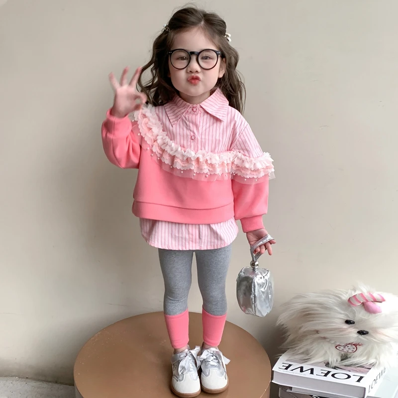 女童花边套装洋气儿童春秋装新款女宝宝条纹衬衫假两件套女孩时髦