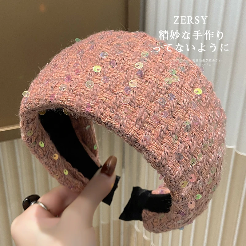 2025新款秋冬超宽发箍高级感亮片毛呢发卡百搭显脸小头箍发捆头饰