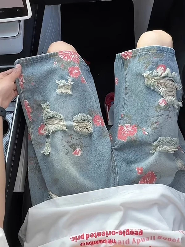 花卉印花破洞牛仔短裤男夏外穿美式高腰中裤大码不过膝四五分裤子