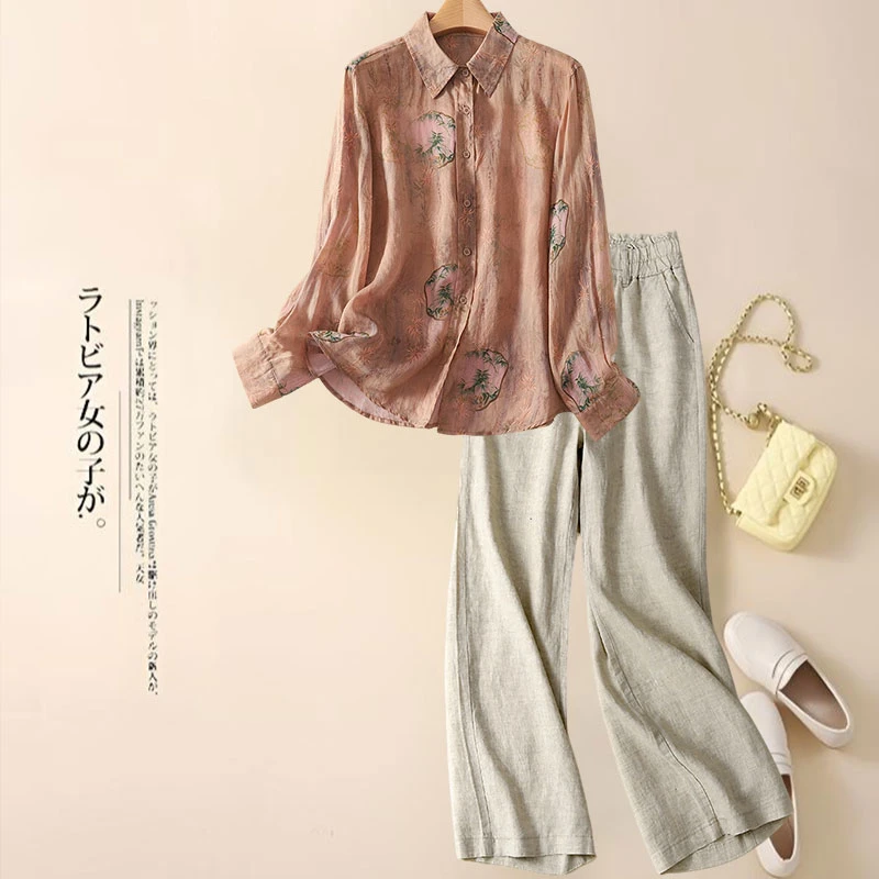 水墨印花长袖衬衫复古国风衬衣上衣高腰直筒长裤春秋洋气妈妈套装