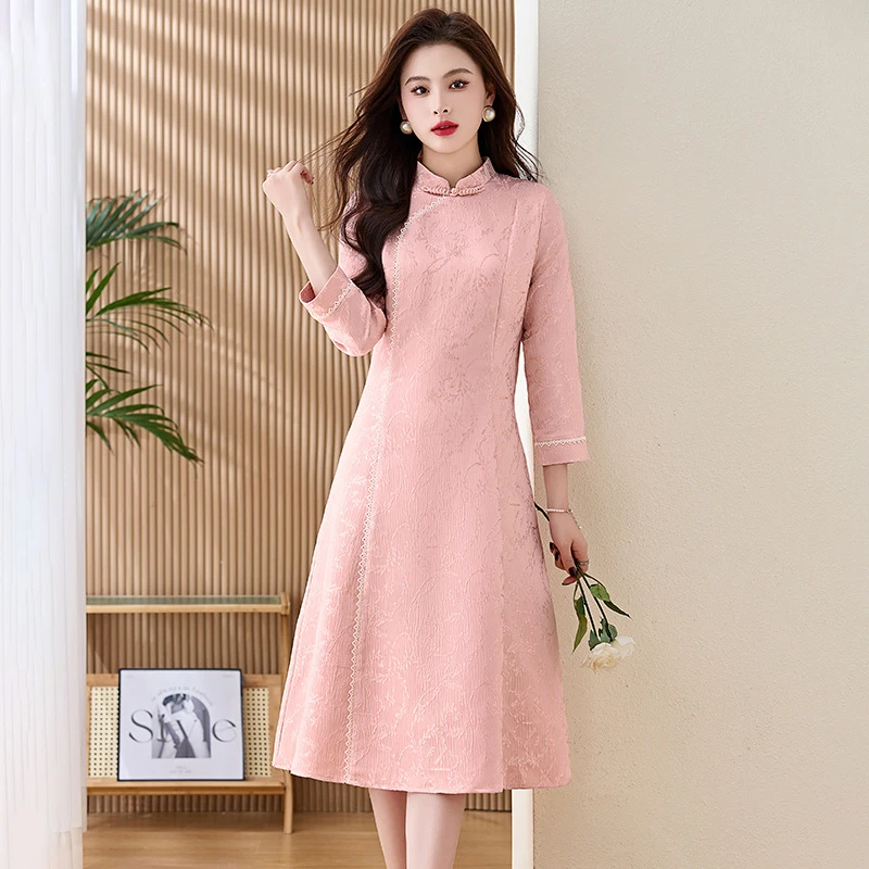 春秋季新款气质新中式民族风蕾丝修身连衣裙