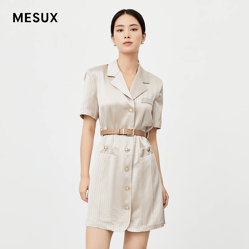 【丽公主专享】MESUX米岫腰带条纹西装式短袖连衣裙MKMUO447直播