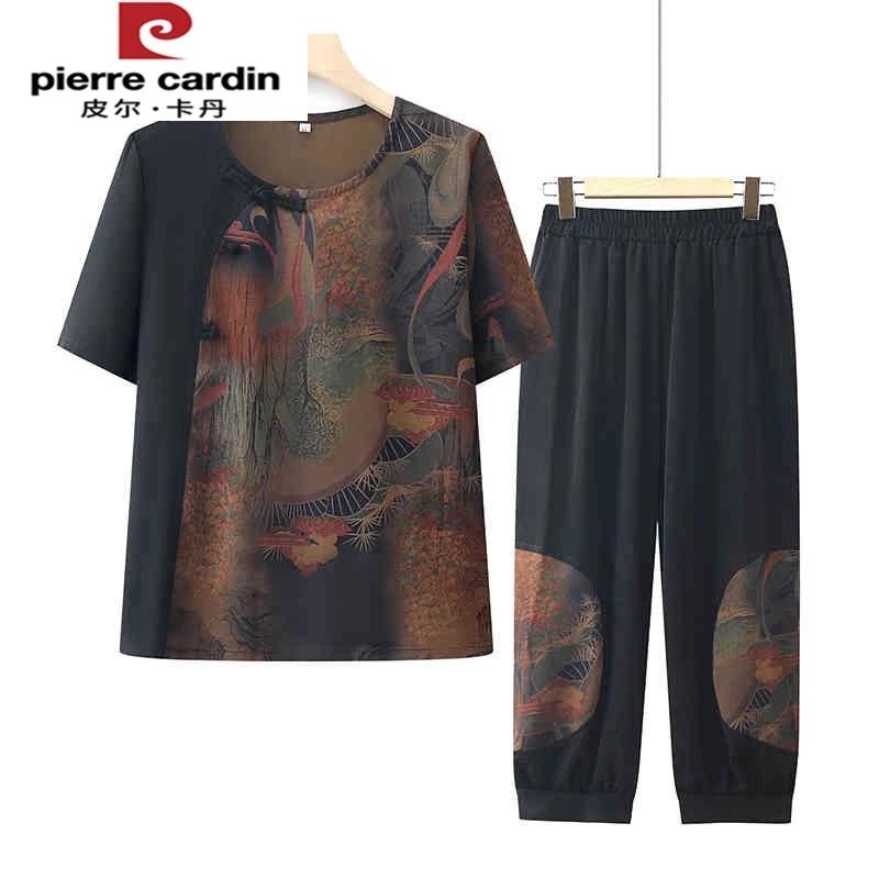 皮尔卡丹老年人夏装仿冰丝套装女胖妈妈加肥大码短袖T恤奶奶太太