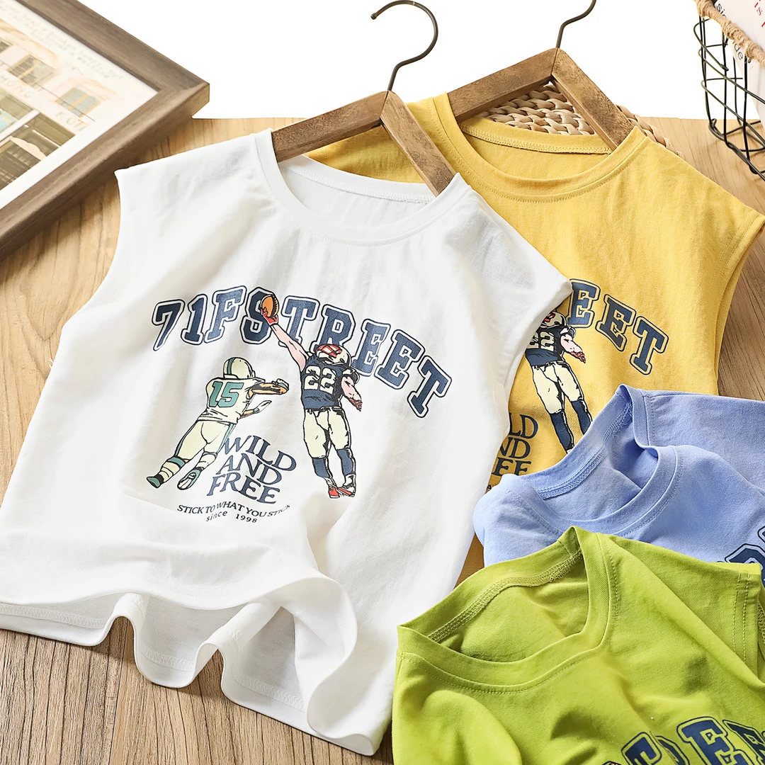 儿童冰丝麻面背心2025夏季新款男童薄款柔软上衣卡通印花圆领6726