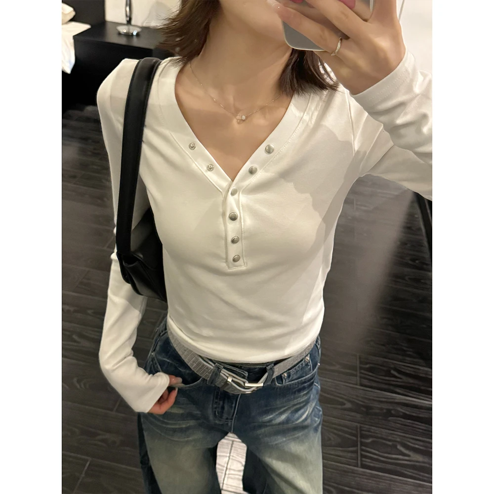 白色百搭长袖T恤修身显瘦设计感打底上衣96080