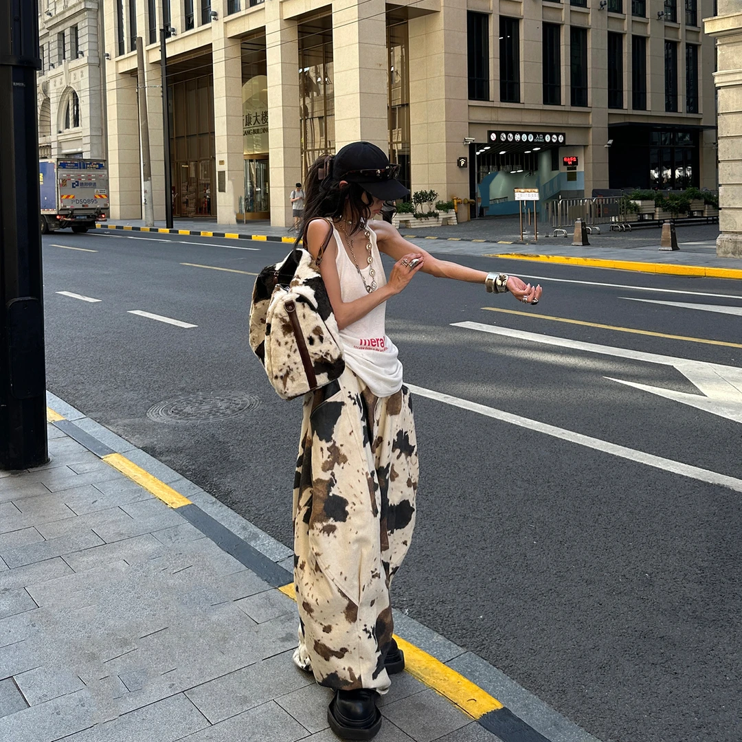 韩好甜WARDEN EDGE 杏色奶牛纹阔腿裤设计感休闲裤垂感拖地裤长裤