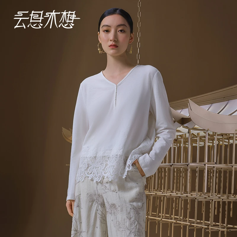 Ysimo-X云思木想 月隐花瑶 V领蕾丝花边纯棉长袖优雅T恤12873