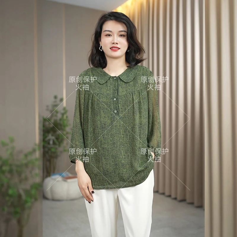 火袖F729洋气娃娃领印花上衣2025早春新款宽松七分袖大码女士小衫