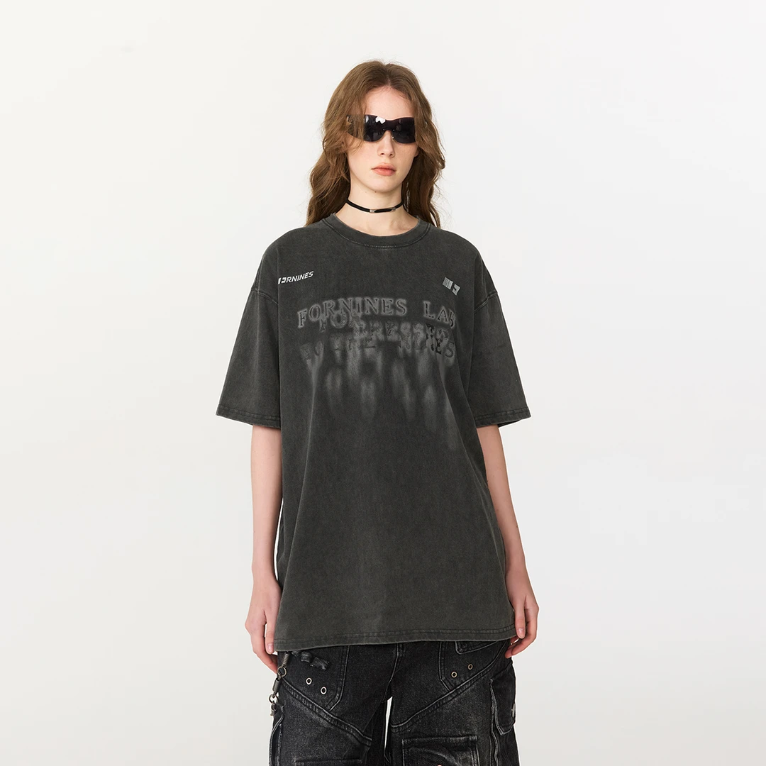 FORNINES重磅水洗做旧短袖T恤男女情侣潮牌夏季美式复古半袖体恤