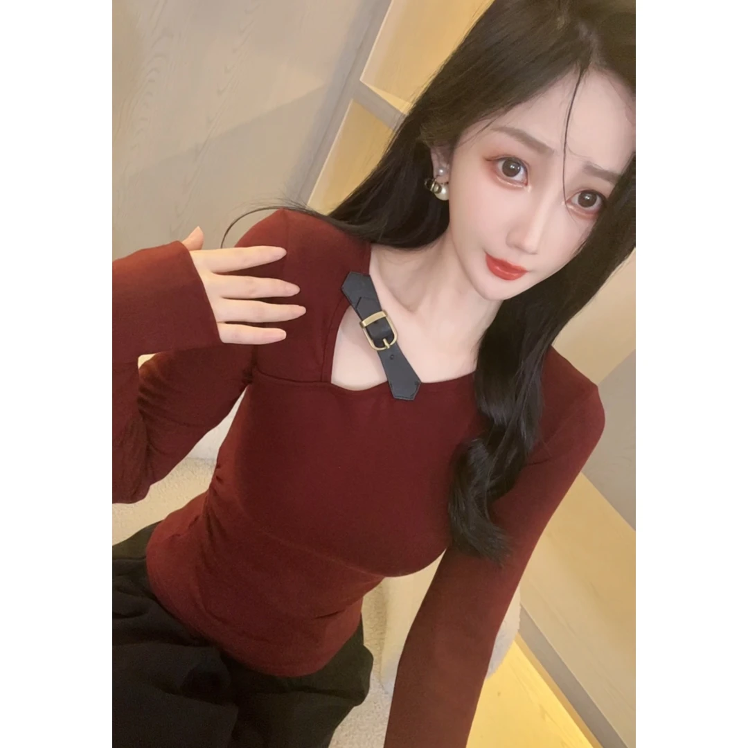 【娜哥068领口皮带扣】新品秋装T恤女长袖打底衫辣妹修身秋季显瘦