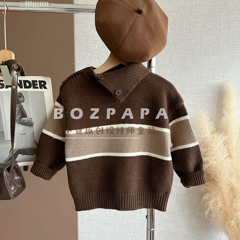 【马德里棕】2025冬季新款时尚复古针织衫撞色翻领条纹保暖毛衣