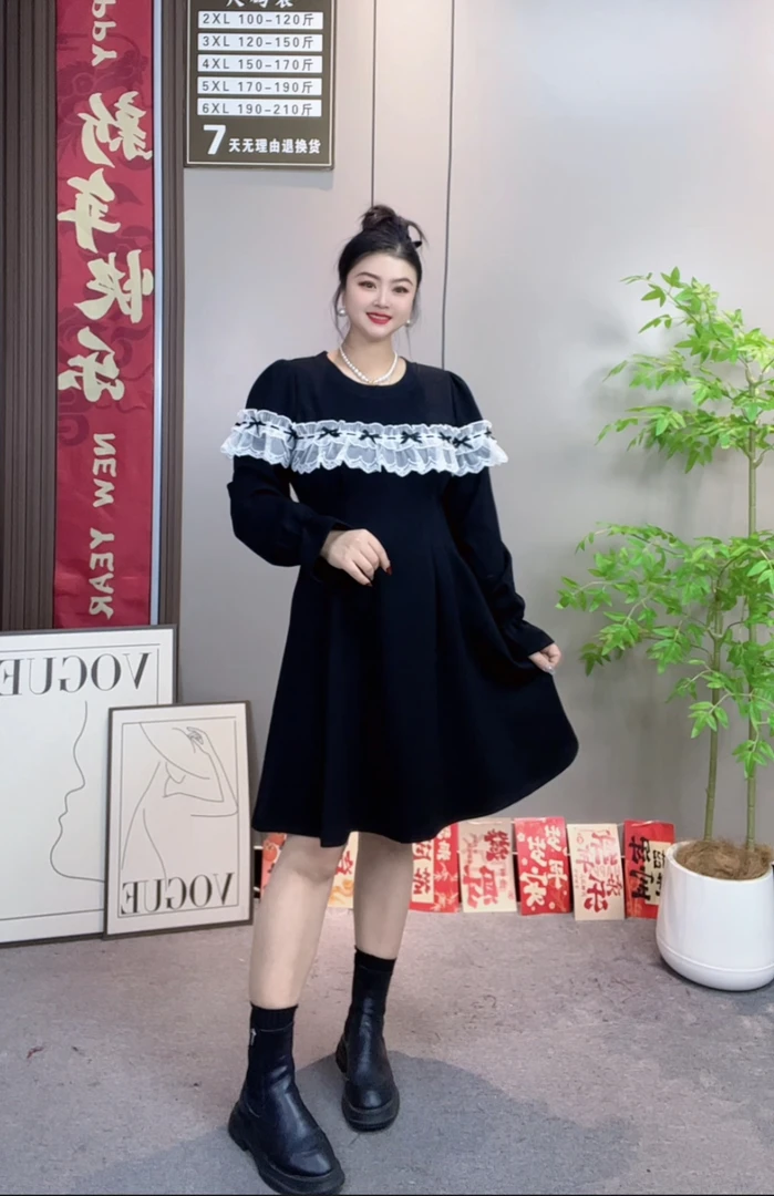 佳奇家春季新款时尚蕾丝拼接卫衣裙甜美减龄中长款大码女装连衣裙