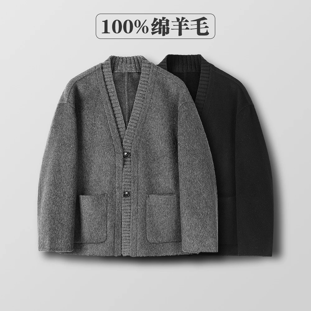 100%绵羊毛 双面羊毛呢夹克 道袍风格双面呢大衣 短款时尚男士