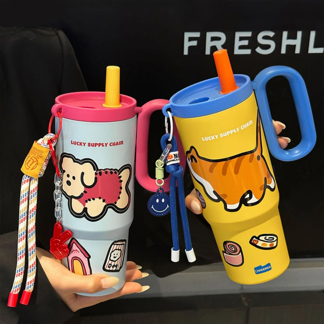 煜见2025新款撞色巨无霸316不锈钢保温杯大容量吸管杯保冰保冷