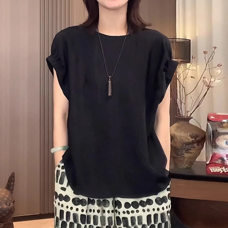 2025年夏季新款设计感时尚显瘦减龄洋气宽松短袖休闲黑色圆领衬衫