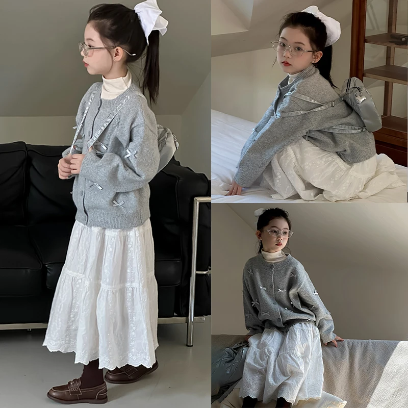 女童秋装套装2025新款洋气女大童白色裙子春秋儿童开衫毛衣半身裙