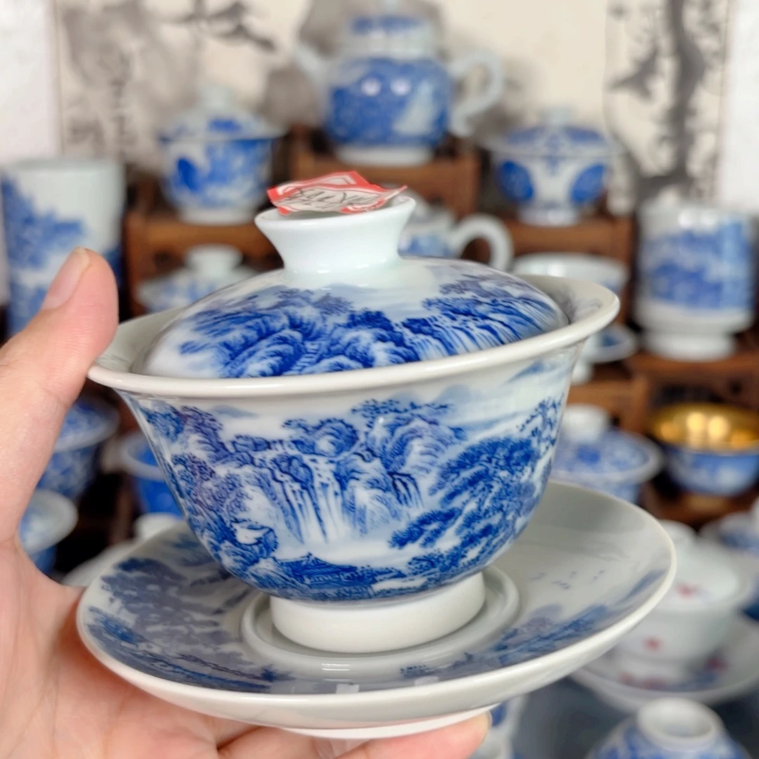 招***喵青花瓷器手绘作品陶瓷盖碗