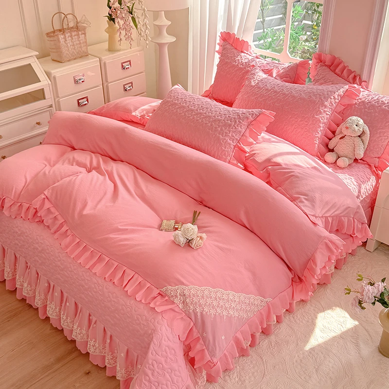 夹棉床盖四件套四季通用床盖三件套韩版公主风韩式纯色床上用品九