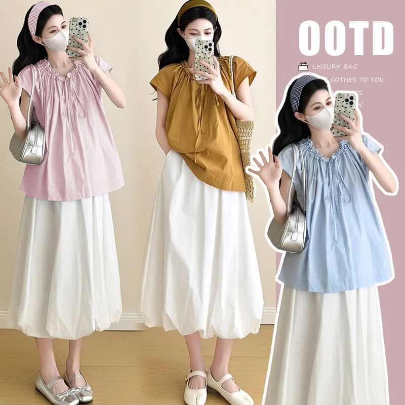 孕妇装夏季新款韩版简约气质领口抽褶上衣搭配抽绳半身裙套装潮