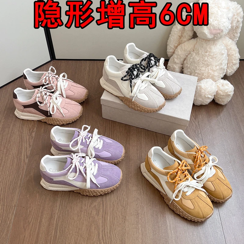 德训鞋春秋2025爆米花~内增高6cm鸳鸯带厚底休闲板鞋女真皮学生鞋