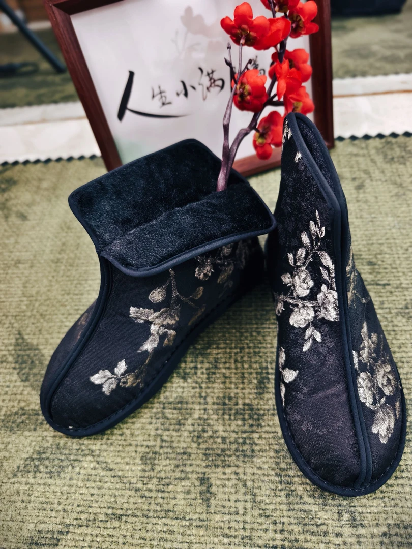 防滑中国风圆头民族风套筒保暖短靴平底棉鞋平跟