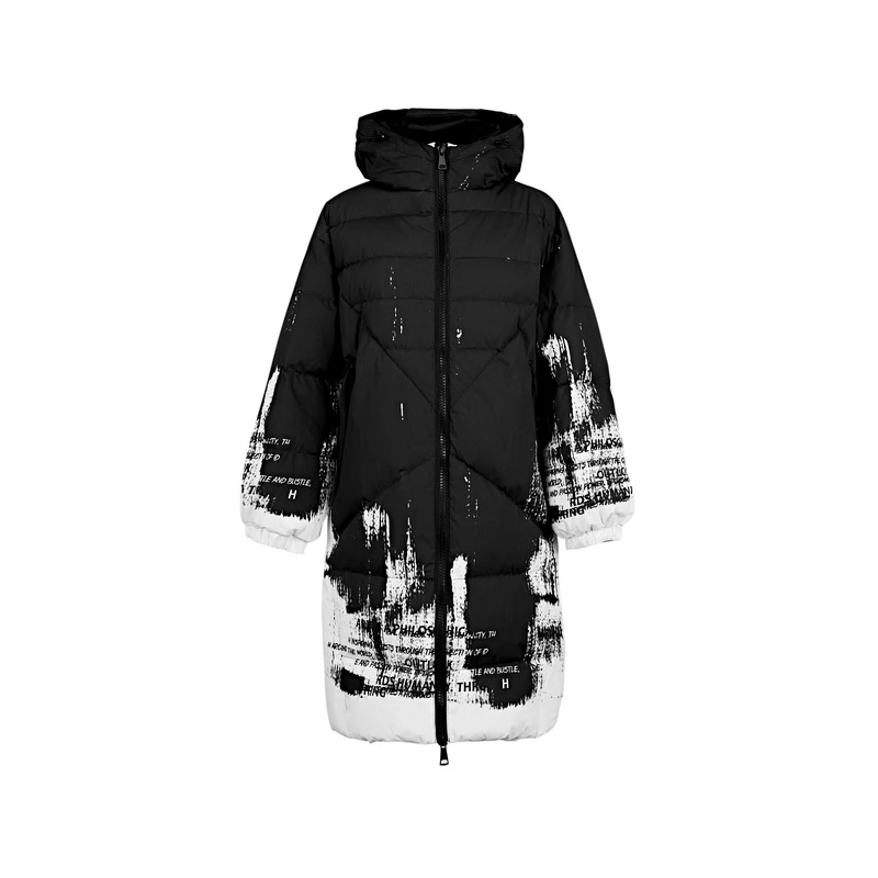 S·DEER圣迪奥女装运动时尚高领连帽字母印花长款羽绒服S21482446