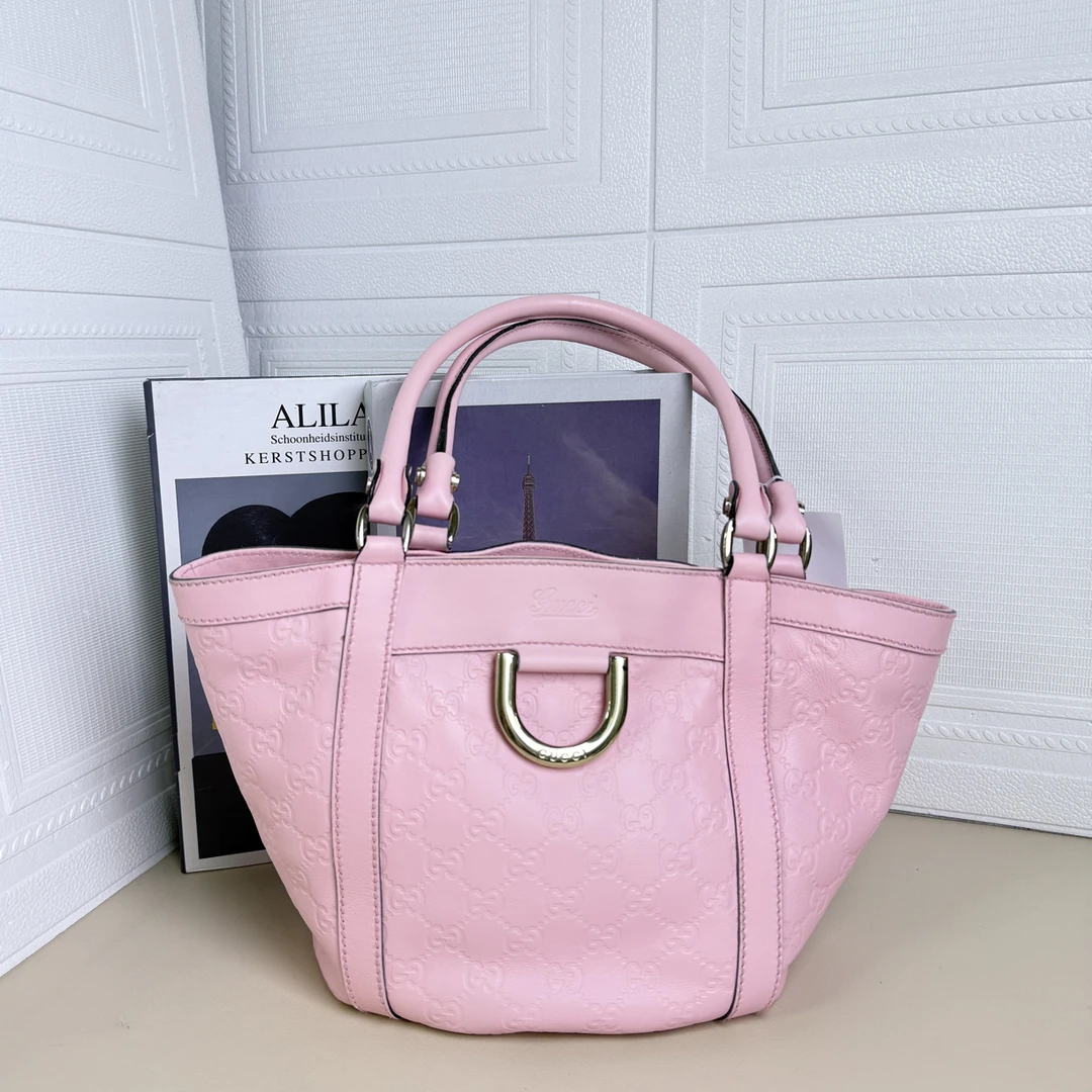 95新 GUCCI/古驰 粉色暗纹logo小菜篮单肩包