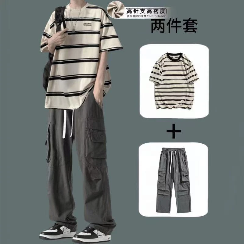 重磅短袖男款套装夏季潮牌美式条纹t恤宽松休闲穿搭工装裤两件套