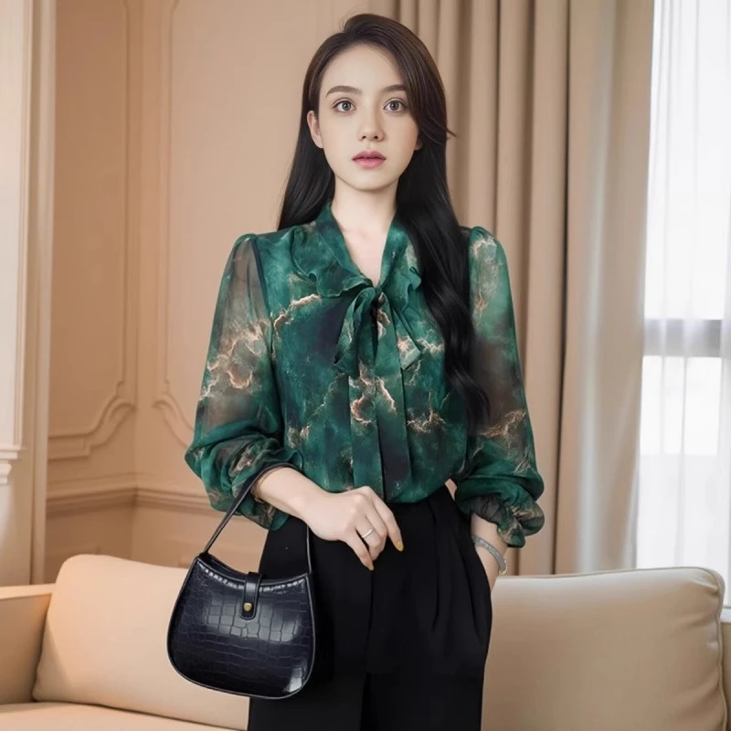 高端时尚职业气质衬衫女春秋新款印花系带蝴蝶结衬衣百搭洋气上衣