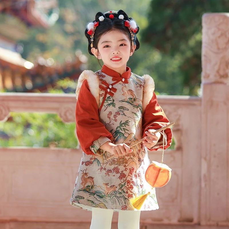1294女童旗袍裙秋冬装宝宝中国风新款冬季加厚女孩汉服古装拜年服