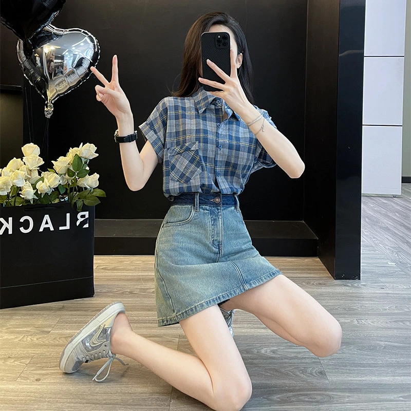 潮牌时尚休闲套装女夏新款多巴胺衬衫短袖内衬牛仔短裙减龄两件套