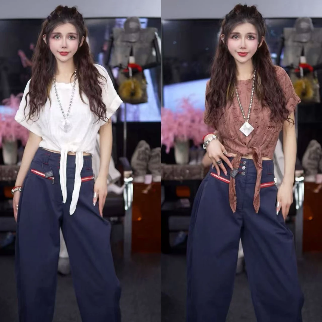 星宝原创老钱风破洞断线潮品T恤上衣女轻熟纯欲百搭修身显瘦短袖