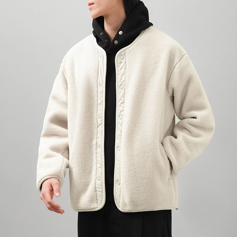 摇粒绒外套男装秋冬重磅开衫卫衣厚绒棉服保暖内胆无领棉衣百搭款