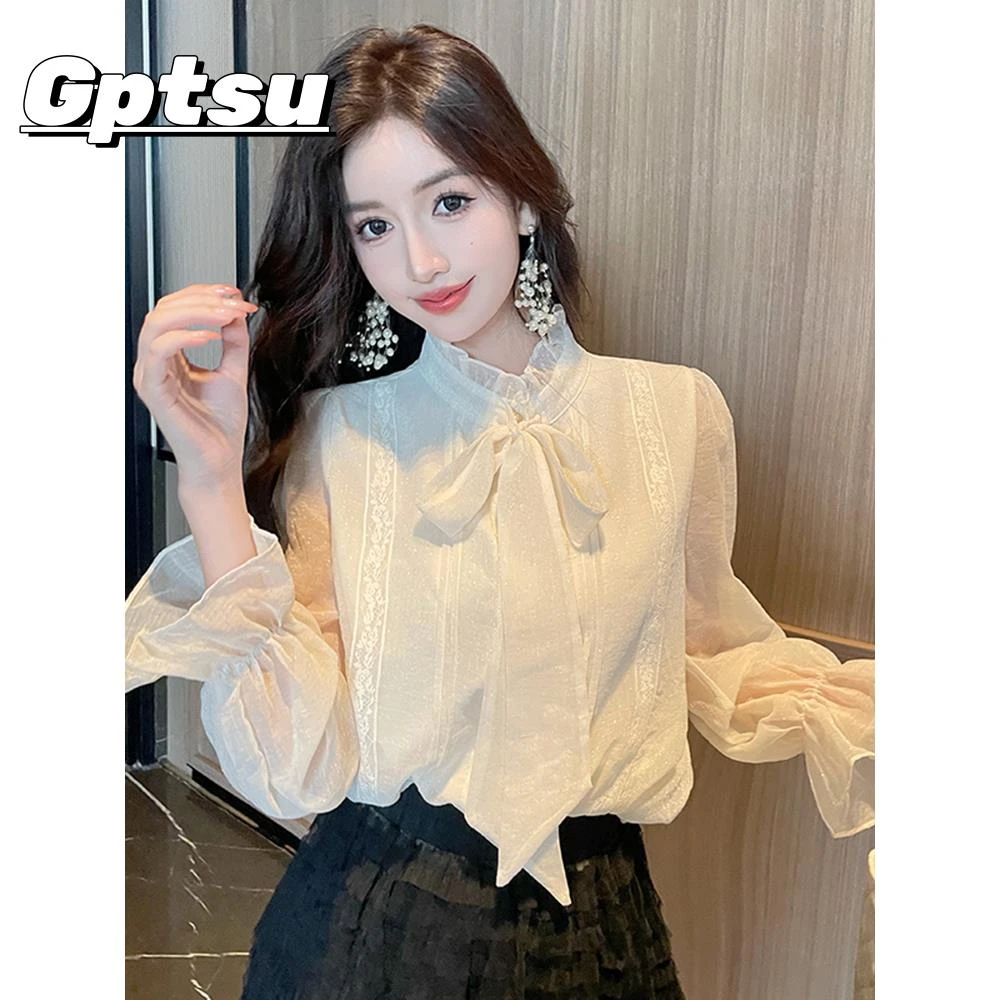 GPTSu法式蝴蝶结长袖雪纺衬衫女2025秋季新款设计感女士小衫上衣
