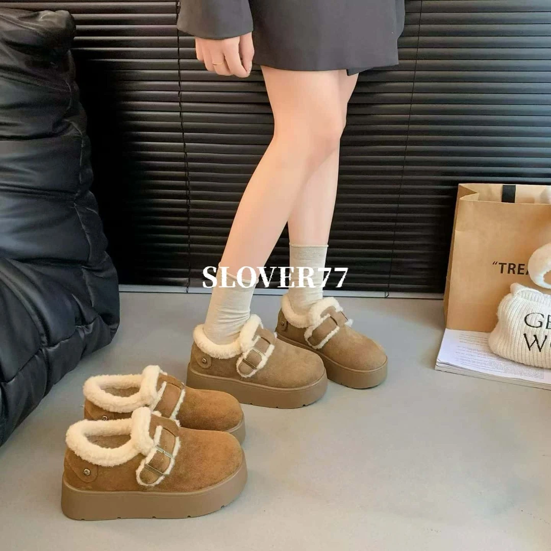 SLover77定制｜冬季松糕厚底加绒毛毛皮带扣勃肯懒人穆勒鞋