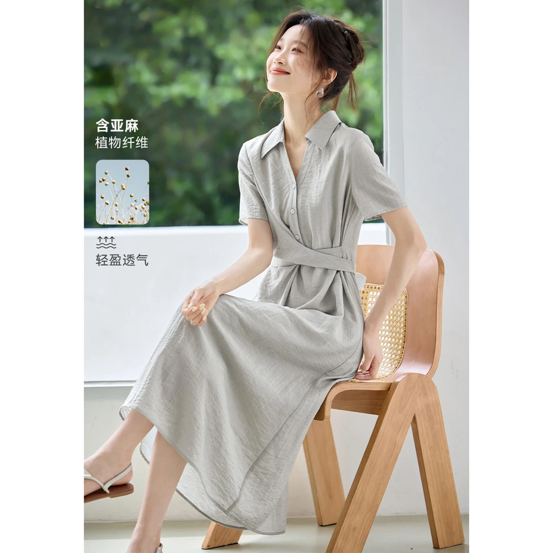 2025夏季新款轻薄含麻收腰翻领气质长款连衣裙裙子含麻智感连衣裙